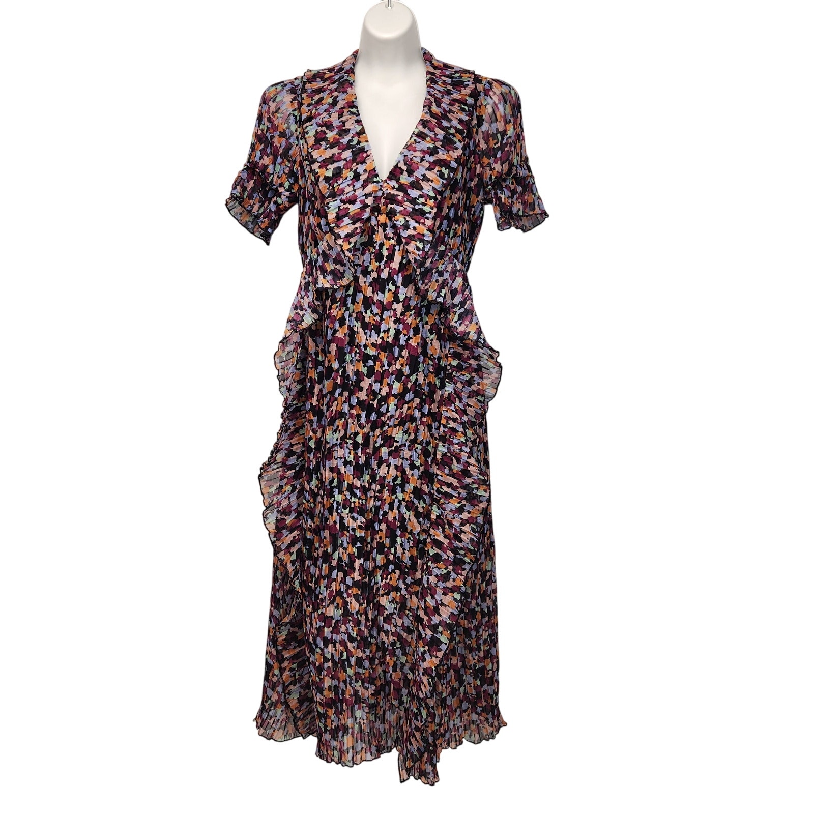 Nwt O.P.T. Navy Blue Multi-Color V-Neck Pleated Ruffle Midi Dress Women's M